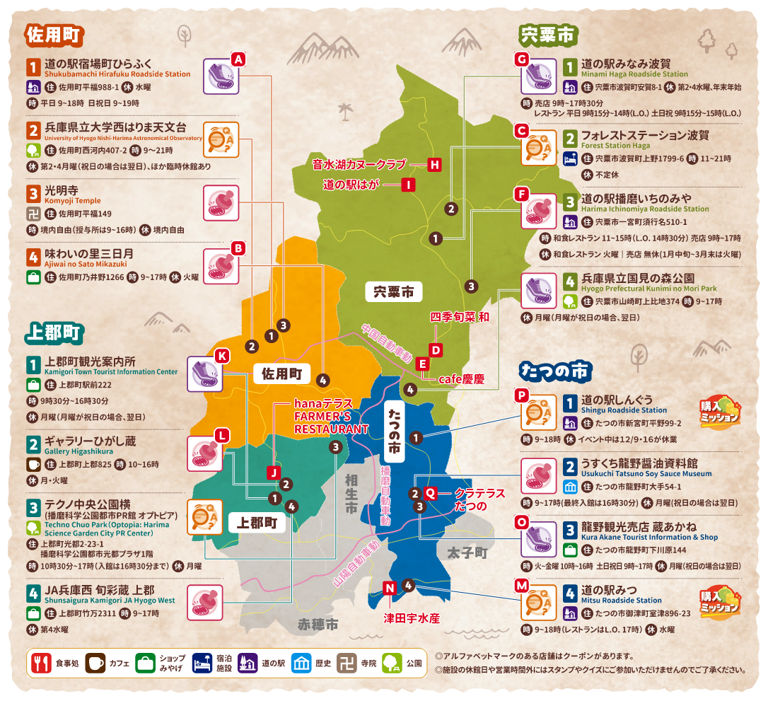 佐用町、穴栗市、上郡町、たつの市